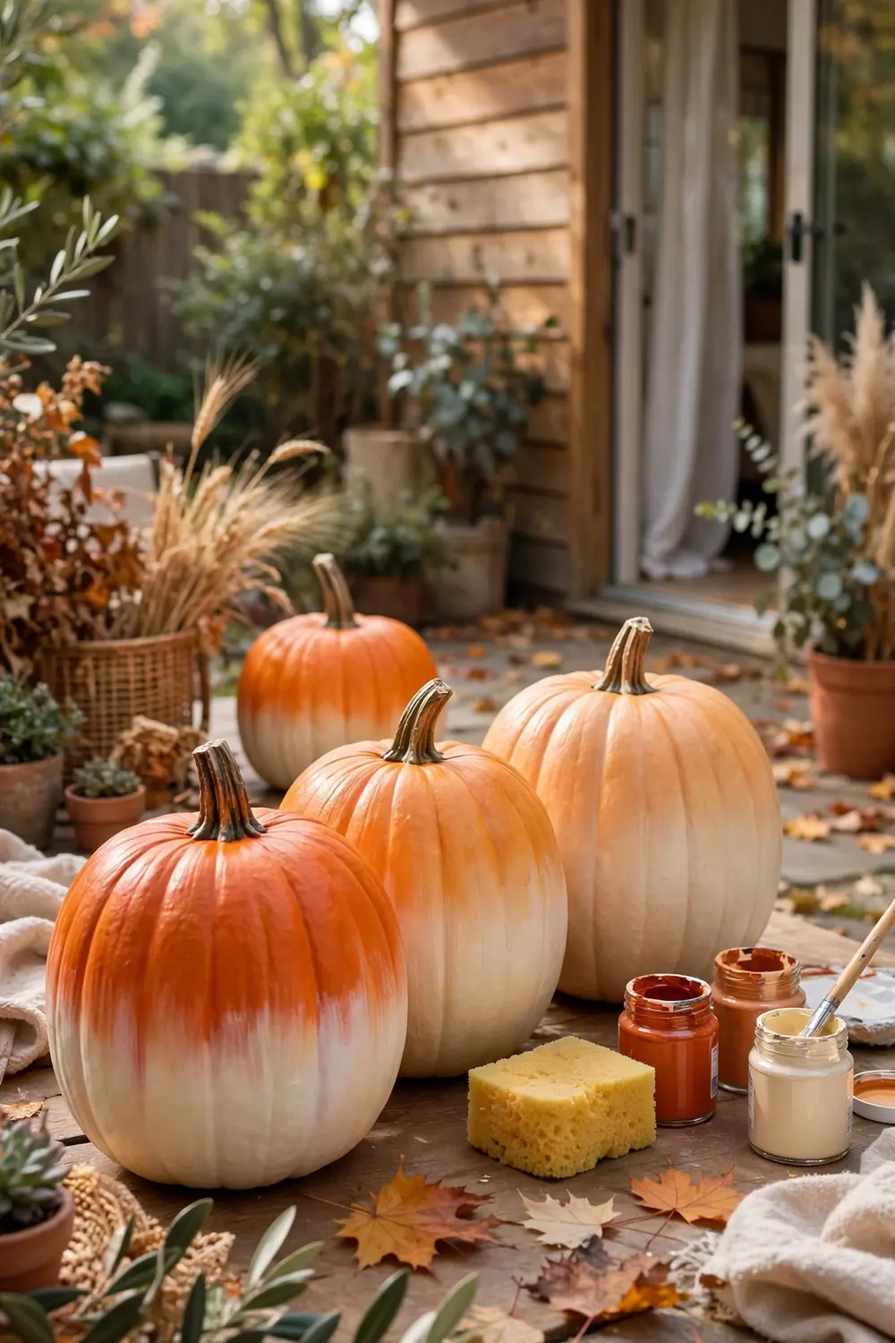 Ombre painted pumpkins fading from deep orange to cream on a back patio