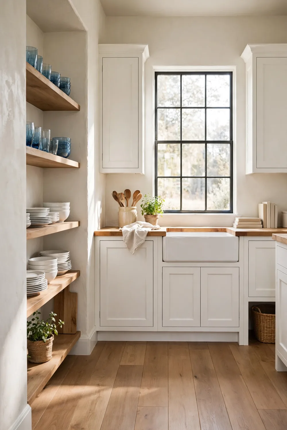 Coastal kitchen with open shelves styled with stacked white dishes, blue-tinted glasses, and a small plant