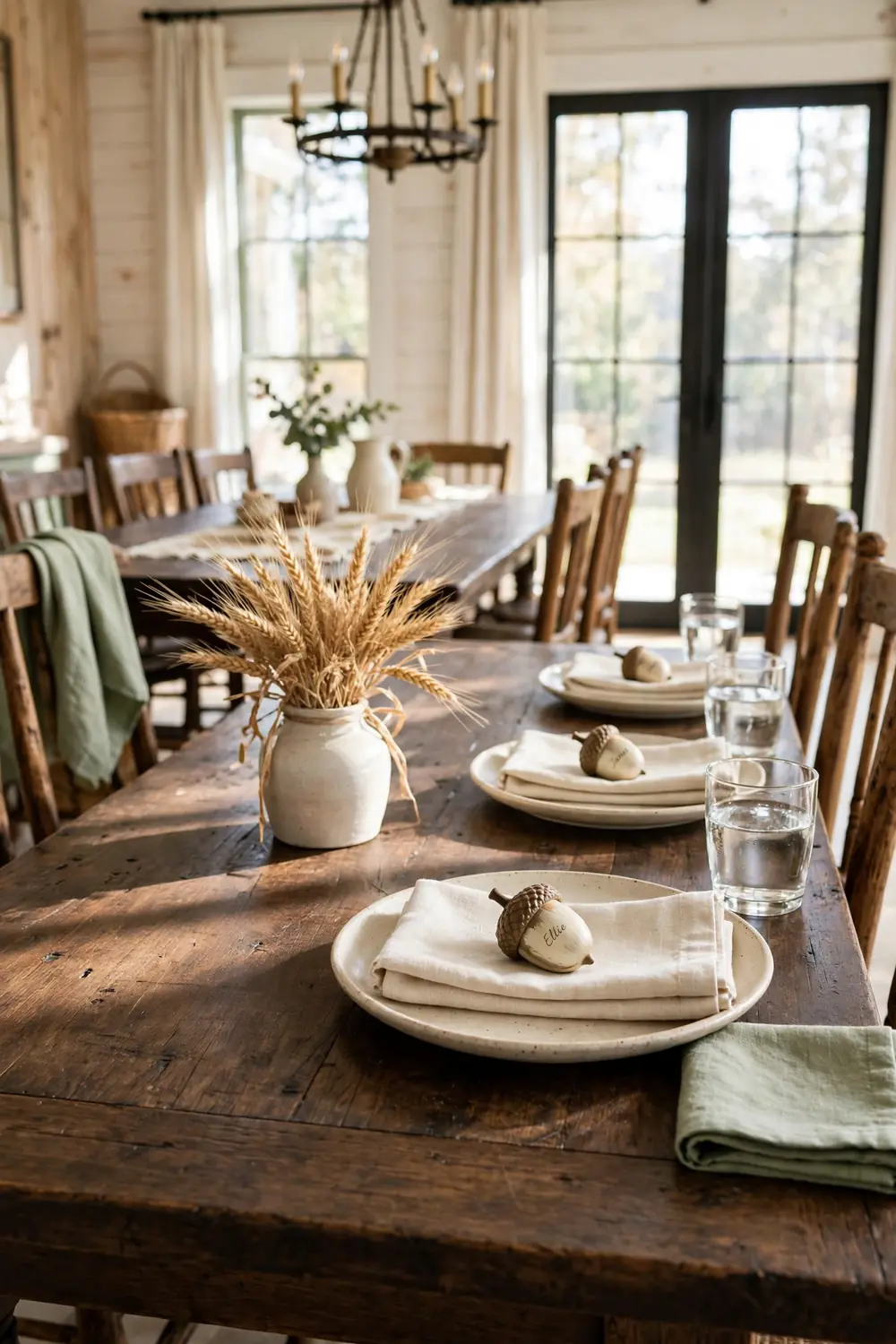 Thanksgiving dining table set with cream plates and a painted acorn bearing a guest name resting on each folded napkin