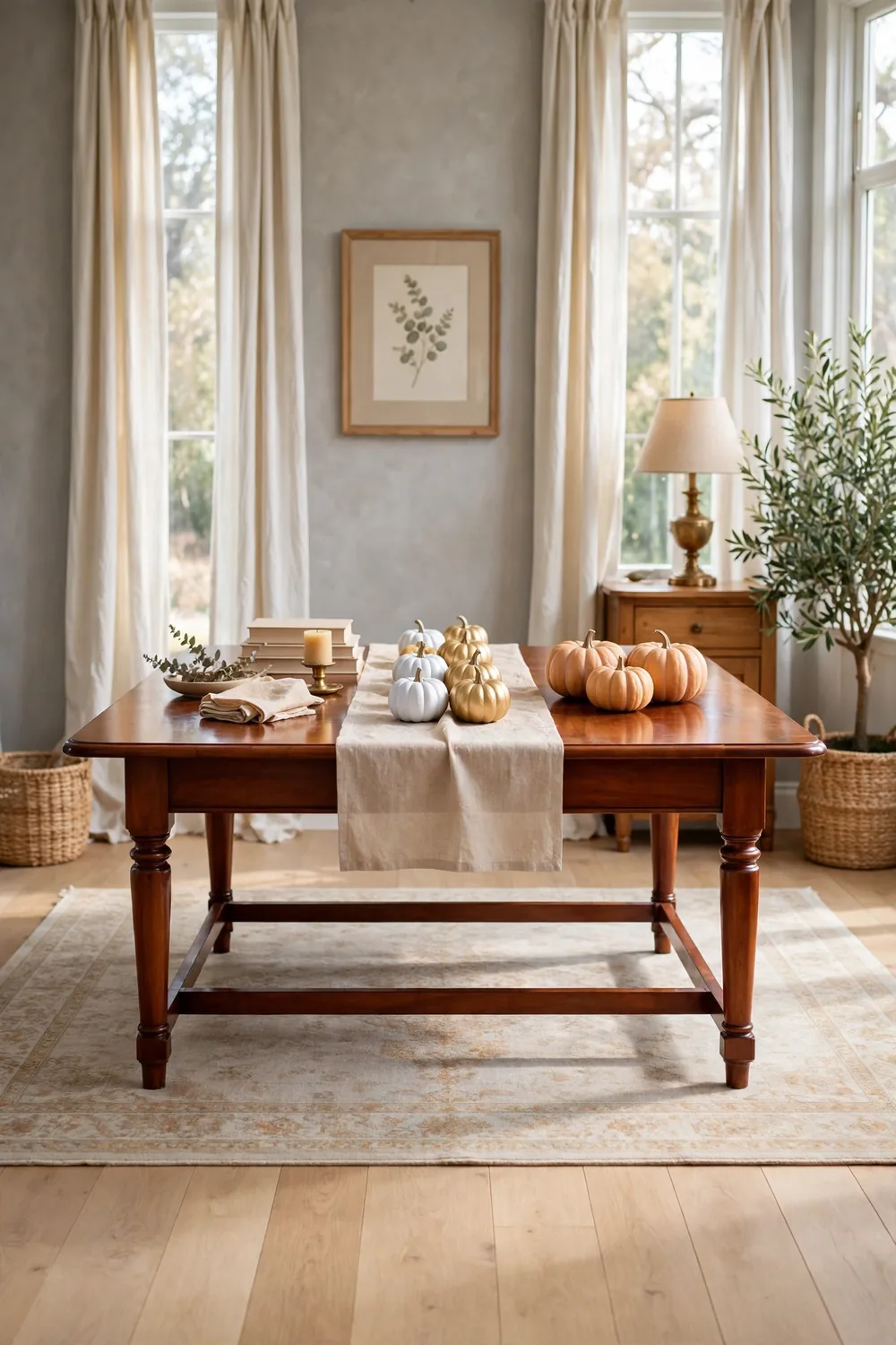 Small pumpkins painted in soft gold and white grouped on a wooden table