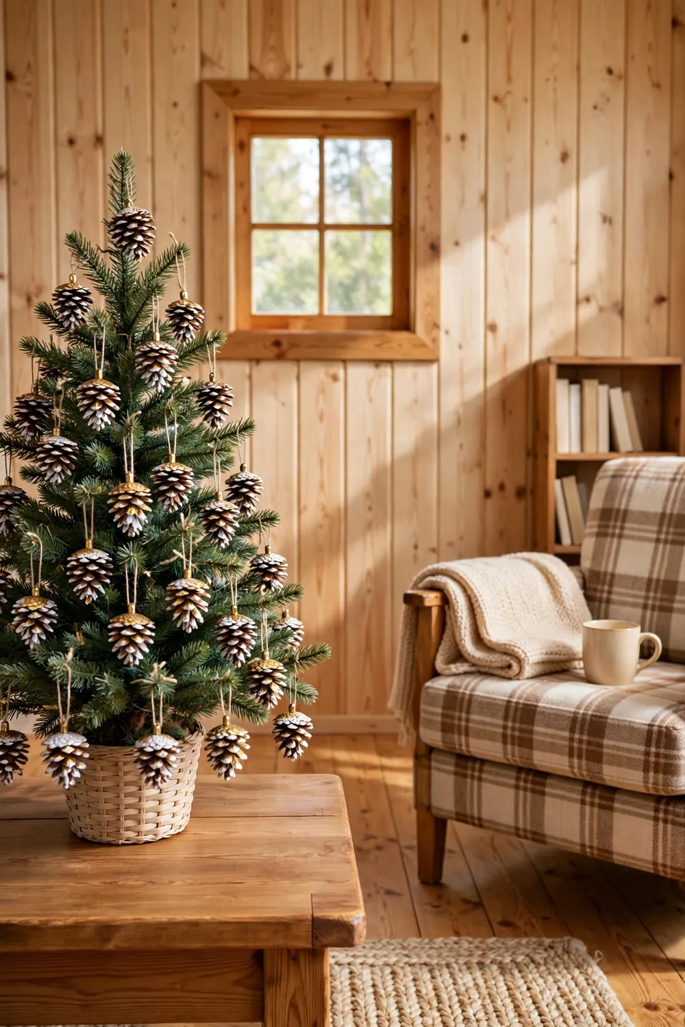 Small tabletop Christmas tree in a cabin living room decorated with white and gold painted-tip pinecone ornaments