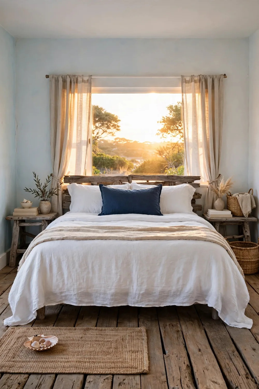 Beach house bedroom with pale sky blue walls, white bedding, driftwood nightstands, and warm golden light