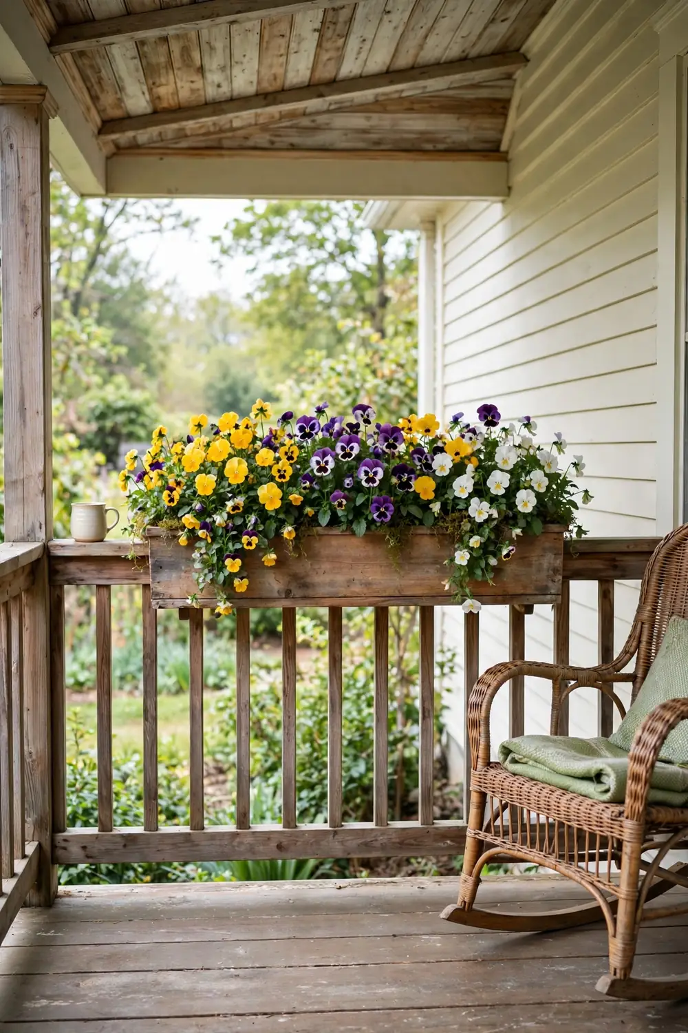 Colorful pansies planted in a wooden window box on a porch railing