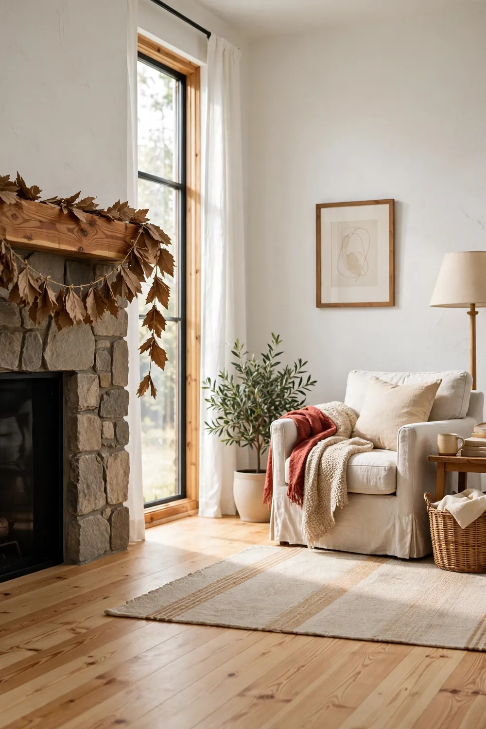 Garland of brown paper bag leaves strung on twine across a wooden mantel