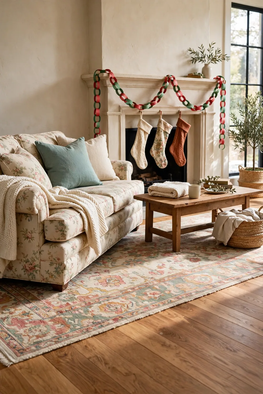 Red and green paper chain garland draped across a vintage living room mantel
