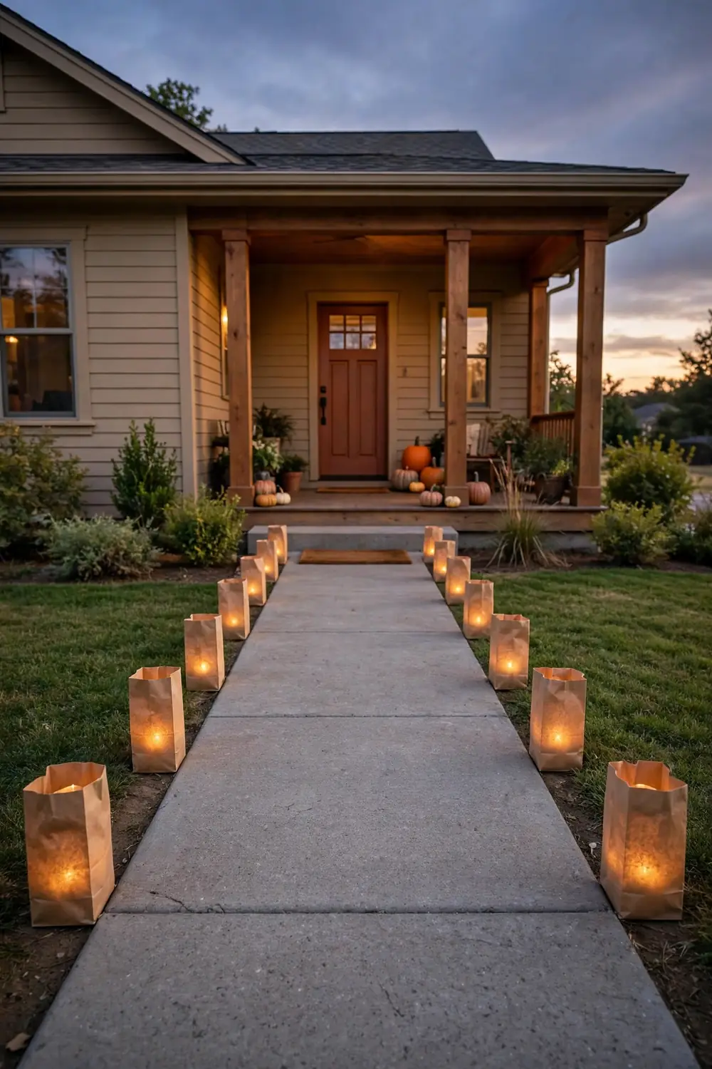 Brown paper bag luminarias glowing along both sides of a walkway at golden hour