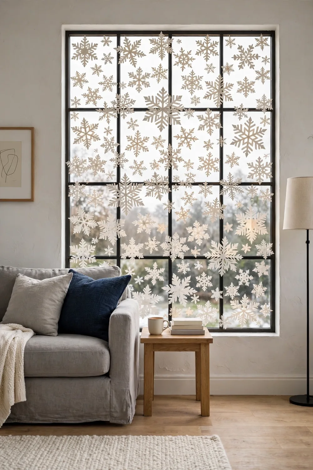 Hand-cut paper snowflakes taped to a large family room window glowing from indoor light