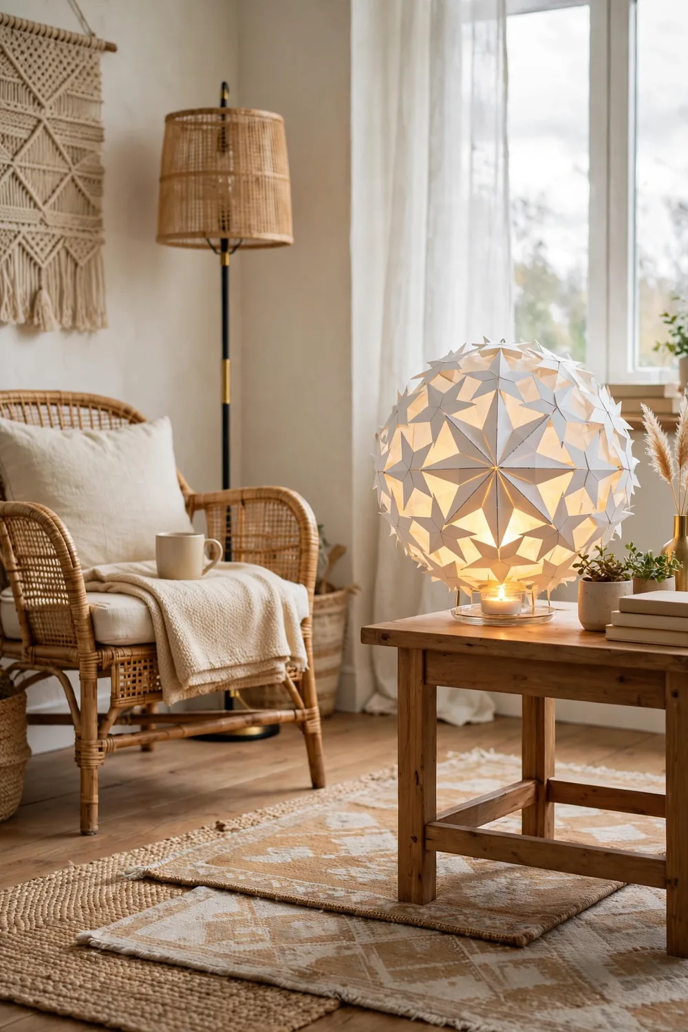 Round paper star lantern glowing softly with a battery tea light on a boho living room side table
