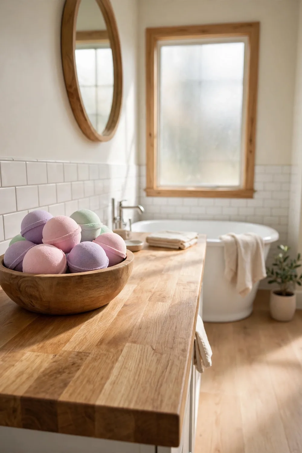 Wooden bowl filled with pastel lavender, blush, and mint bath bombs on a bathroom counter with a soaking tub behind