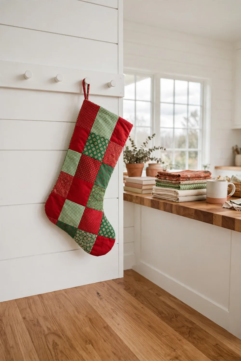 Colorful patchwork Christmas stocking pieced from red and green fabric squares hanging on a peg rail in a craft room