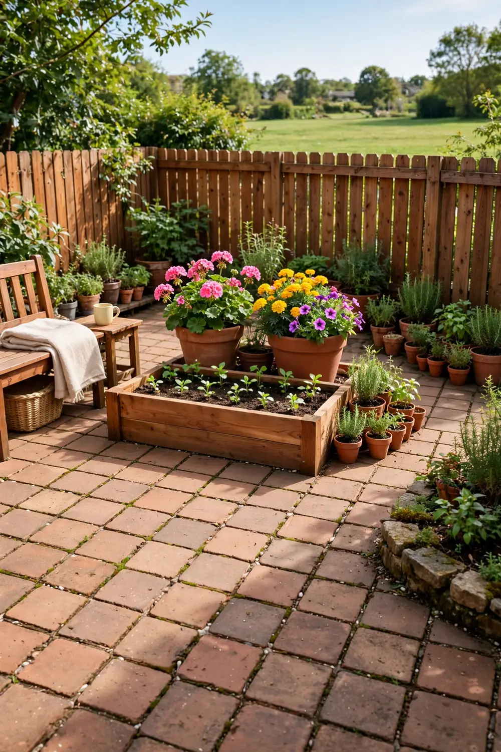 Sunny patio filled with container plantings including large flower pots, a raised cedar planter box, and herb pots along a wood fence