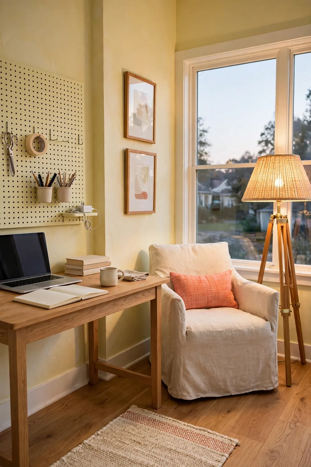 White pegboard with hooks, cups, and a small shelf above an oak desk in a pale yellow craft-office corner with warm lamplight