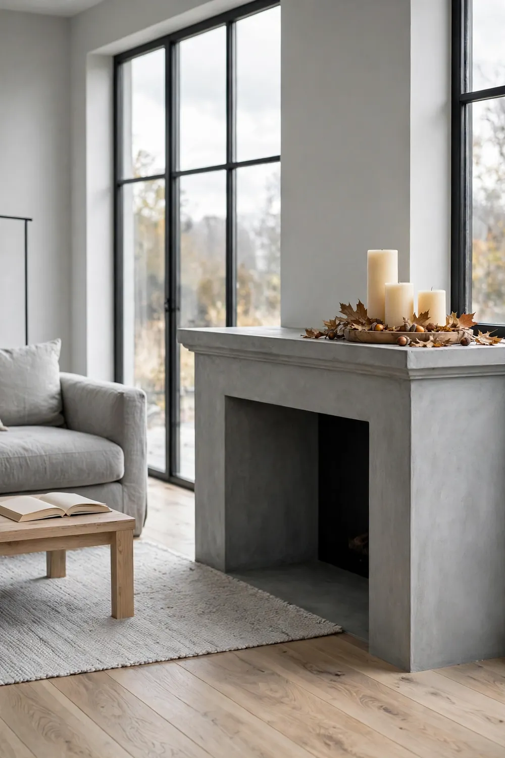 Three cream pillar candles of different heights on a wooden tray on a gray fireplace mantel, surrounded by dried autumn leaves and acorns