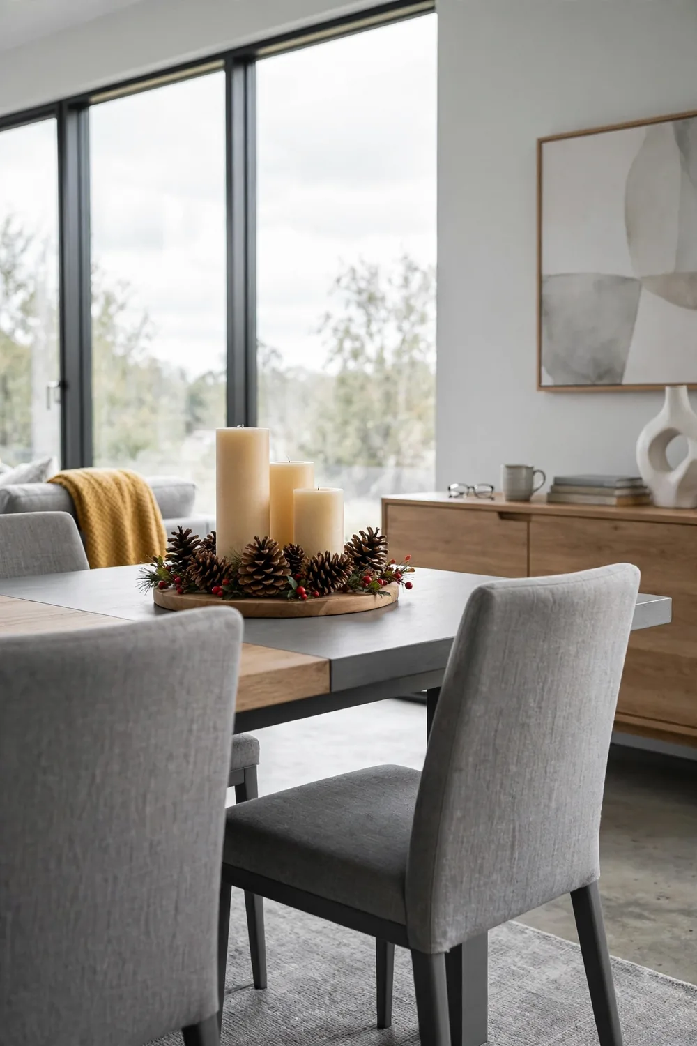 Three pillar candles of different heights on a round wood board ringed with pinecones and red berry sprigs on a modern dining table