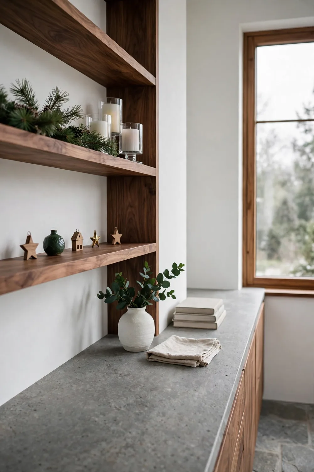 Open walnut kitchen shelf styled with pine sprigs, flameless pillar candles, and small Christmas ornaments