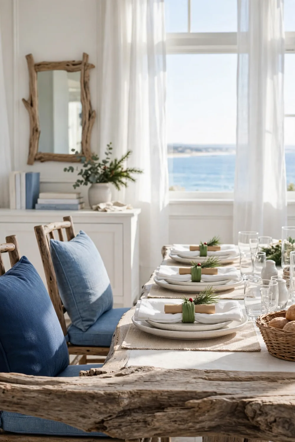 Holiday table setting with pine sprig napkin rings on folded white cloth napkins in a coastal dining room