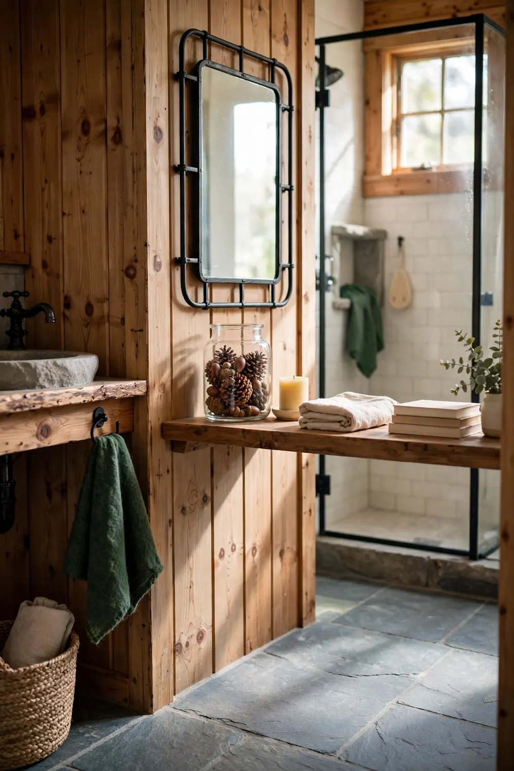 Cabin bathroom with a clear glass jar of pinecones and acorns on a wood shelf