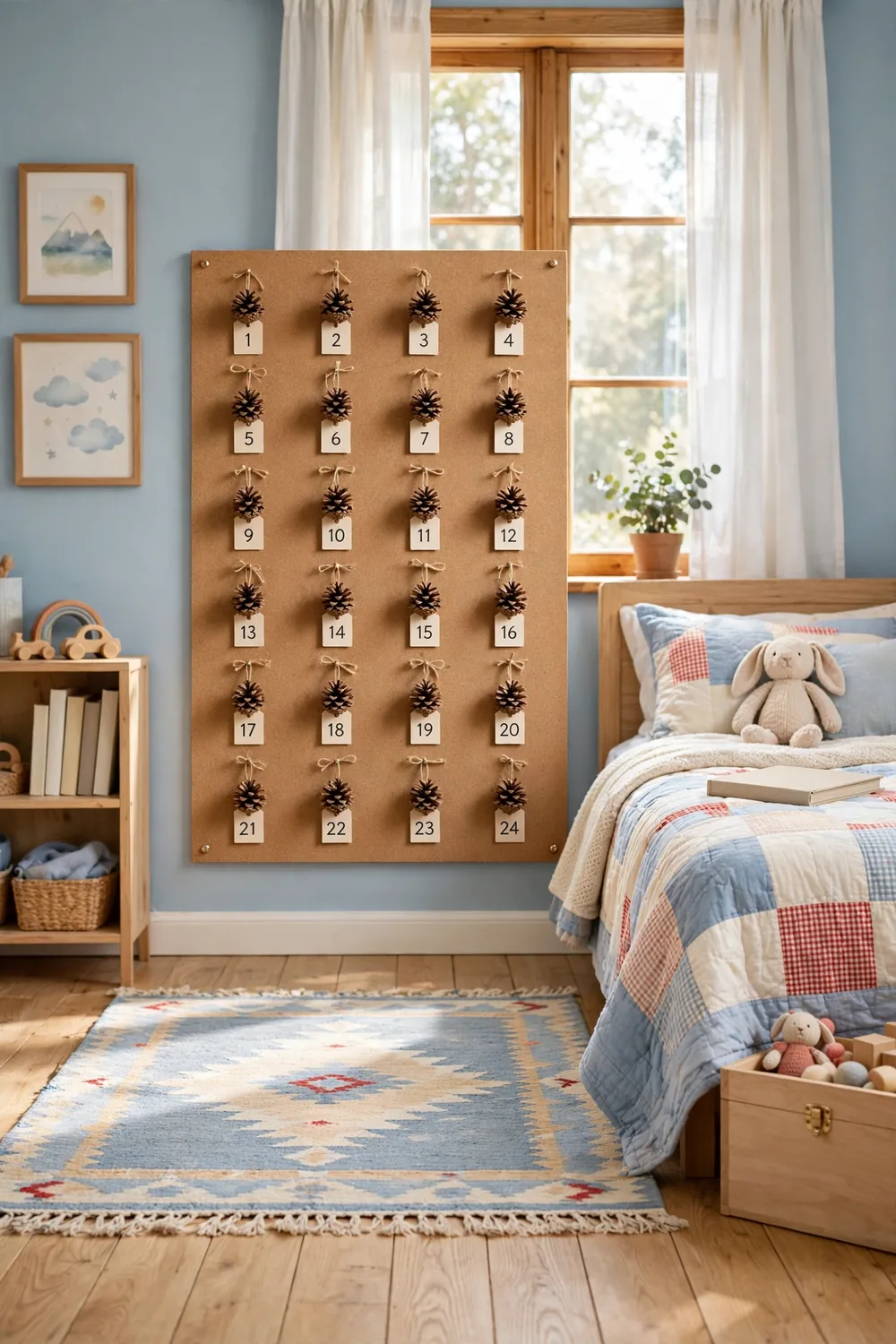 Kids bedroom wall with twenty-four small pinecones hung in rows as an advent calendar with numbered tags