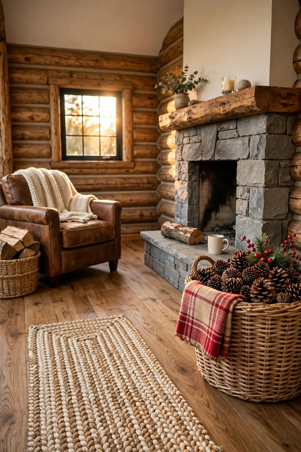 Log cabin living room with a large woven basket of pinecones beside a stone fireplace at golden hour