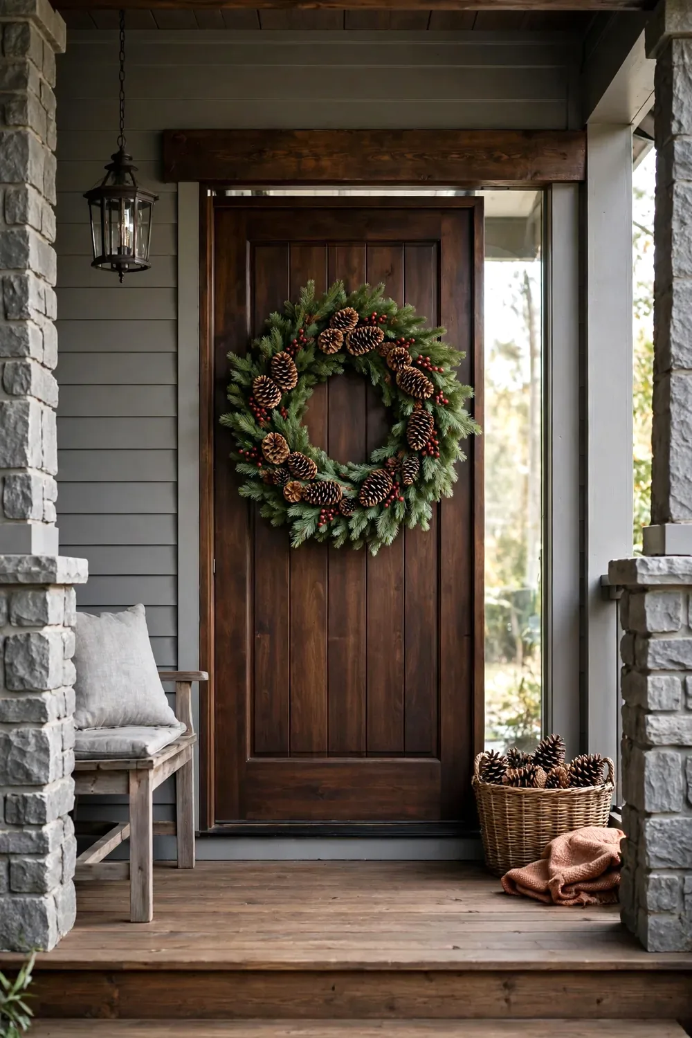 A natural wreath of pinecones and red berries on a dark wood craftsman front door