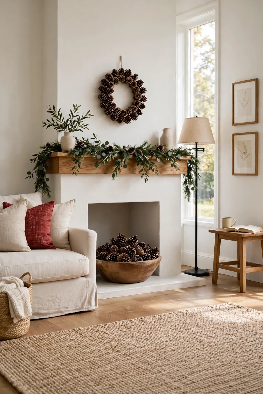 White farmhouse living room mantel decorated with pinecone garland, pinecone wreath, and a bowl of pinecones