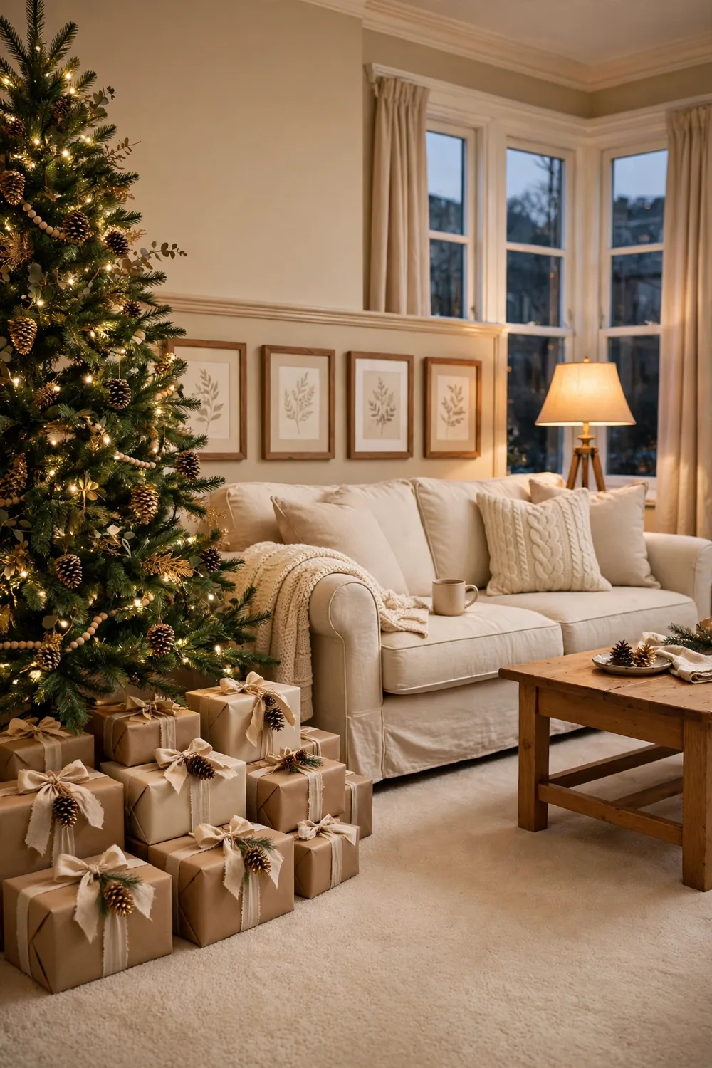 Wrapped Christmas gifts under a tree in a cozy living room, each tied with a small pinecone gift topper