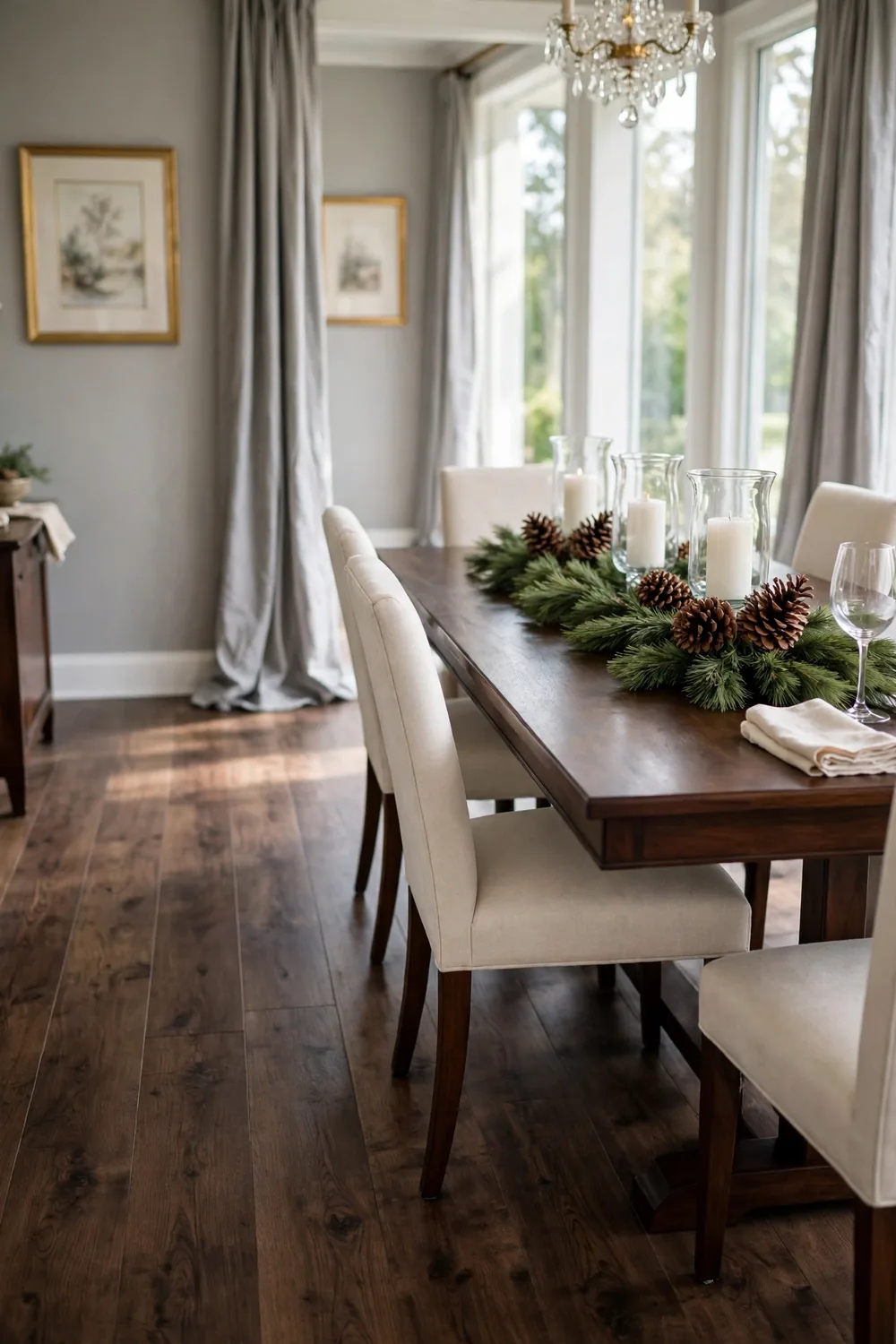 Formal dining room table with a cedar garland runner, pinecones, and pillar candles in glass hurricanes