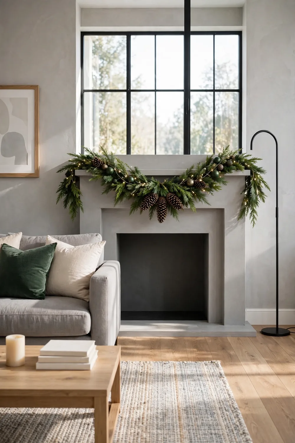 Modern gray living room mantel with a pinecone and greenery swag, warm white lights, and small ornaments