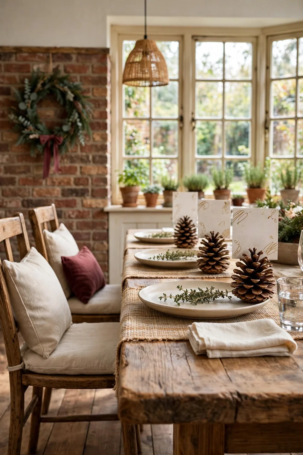 Rustic dining table set for dinner with pinecone place card holders and handwritten gold name cards