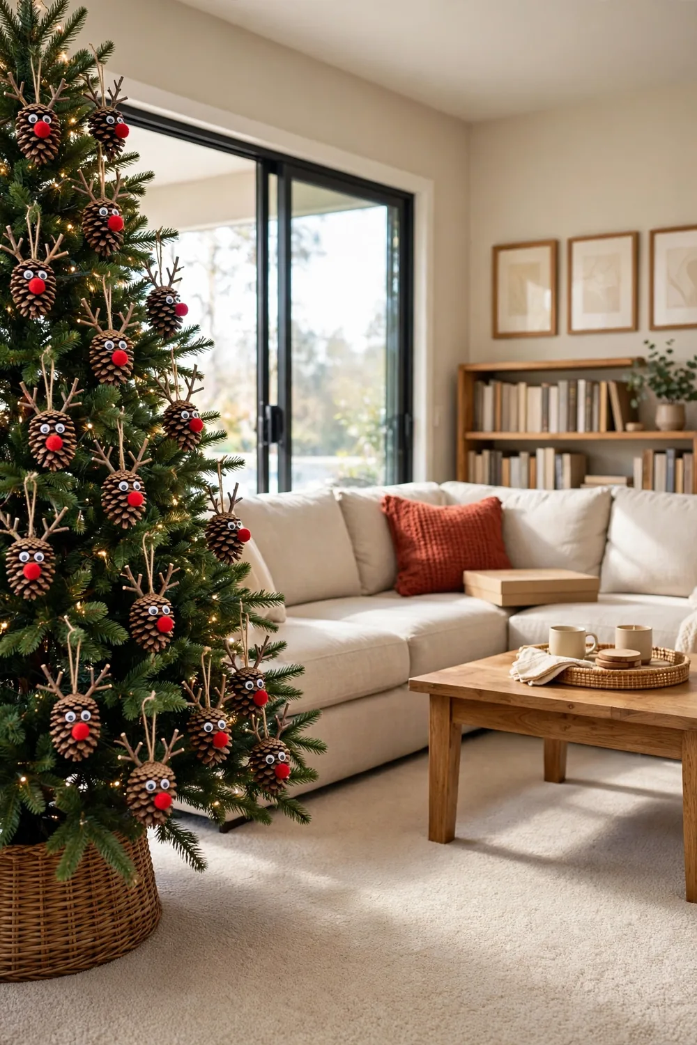 Family room Christmas tree decorated with handmade pinecone reindeer ornaments with twig antlers