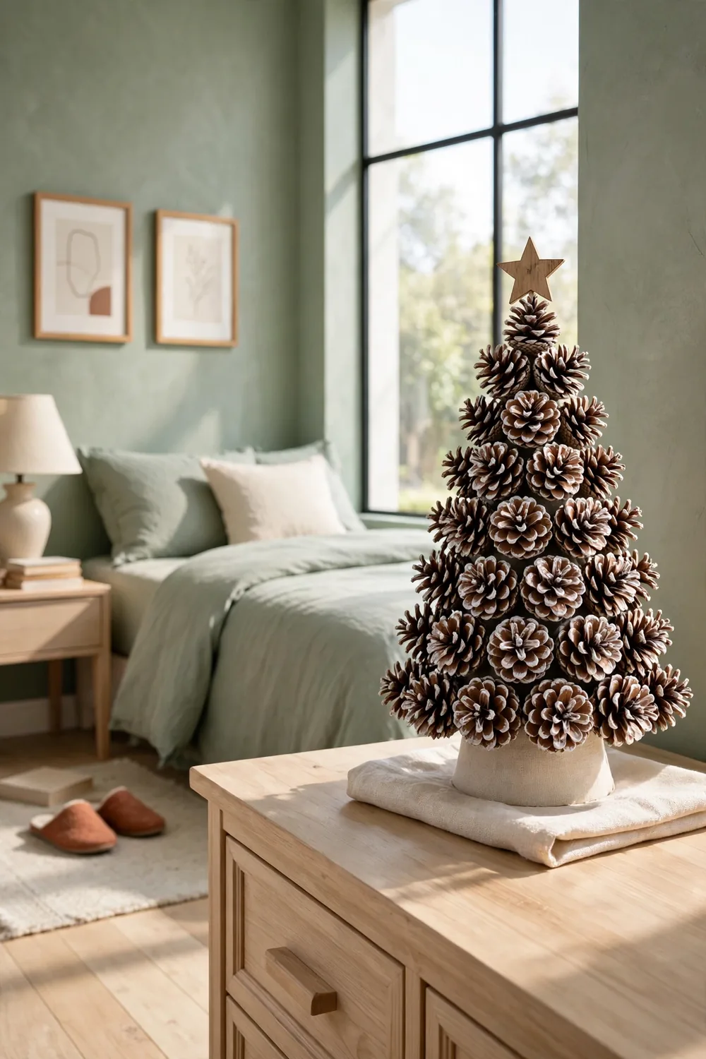 Sage green modern bedroom dresser with a small Christmas tree made of stacked pinecones on a foam cone