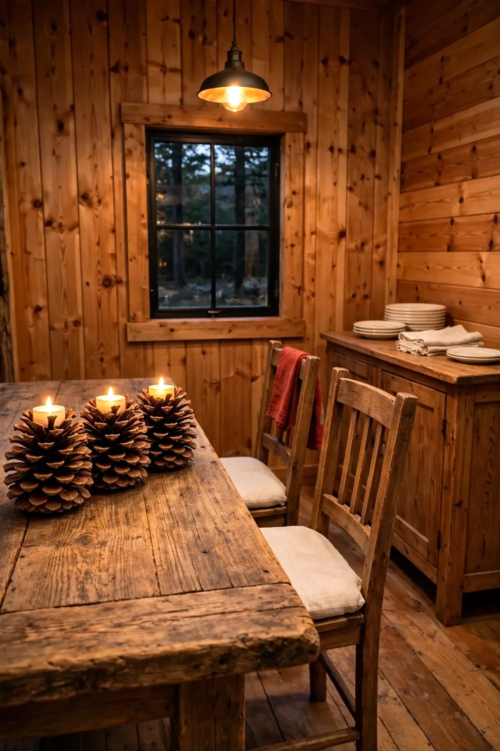 Cabin dining table at dusk with three pinecone tea light holders glowing with battery candles