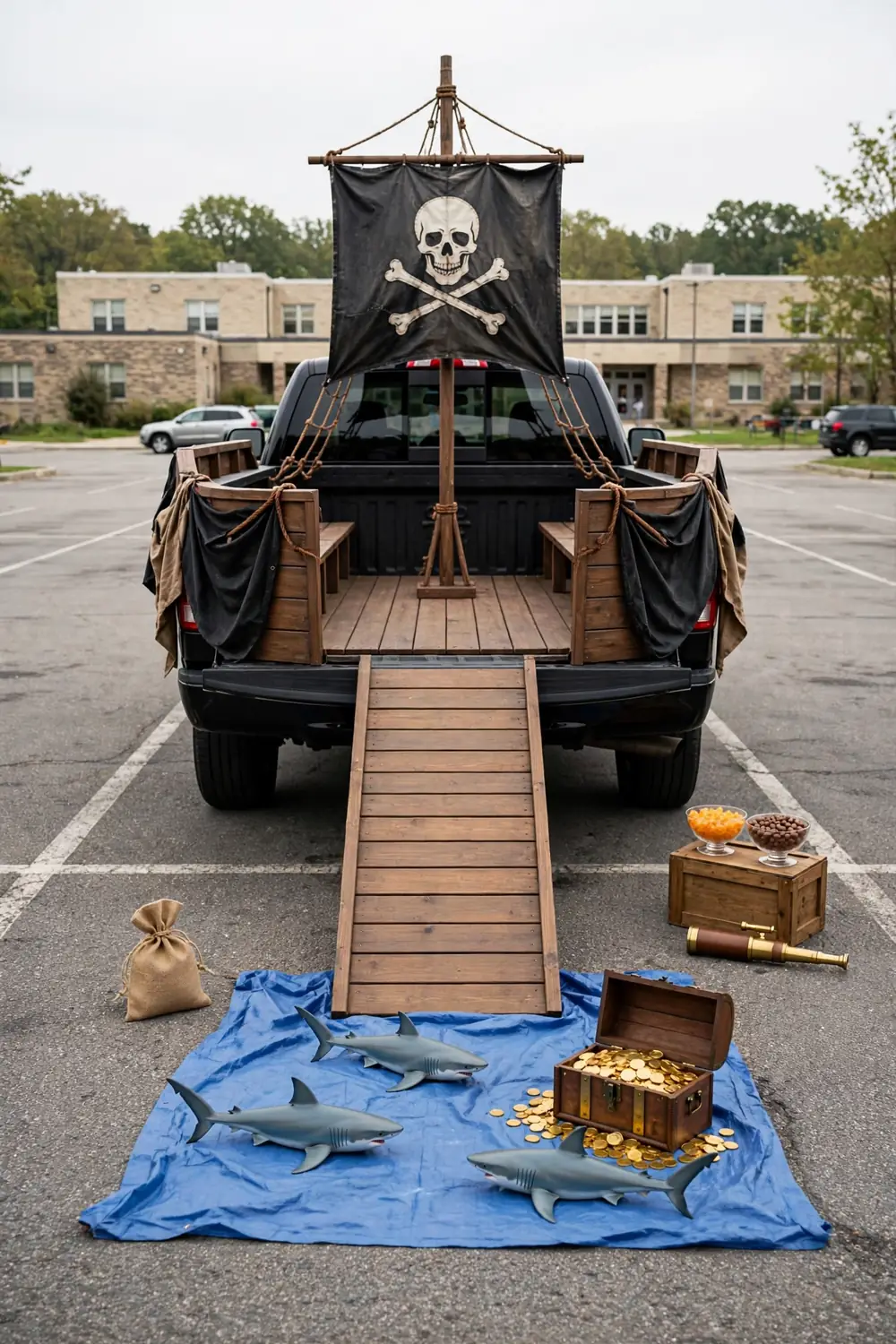 A black pickup truck bed dressed as a pirate ship with a wooden plank leading to a treasure chest