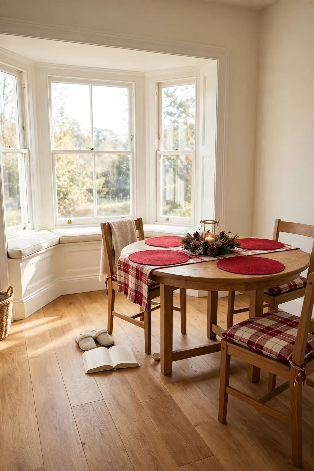 Round oak breakfast nook table with a plaid runner, pinecone centerpiece, and red placemats by a bay window