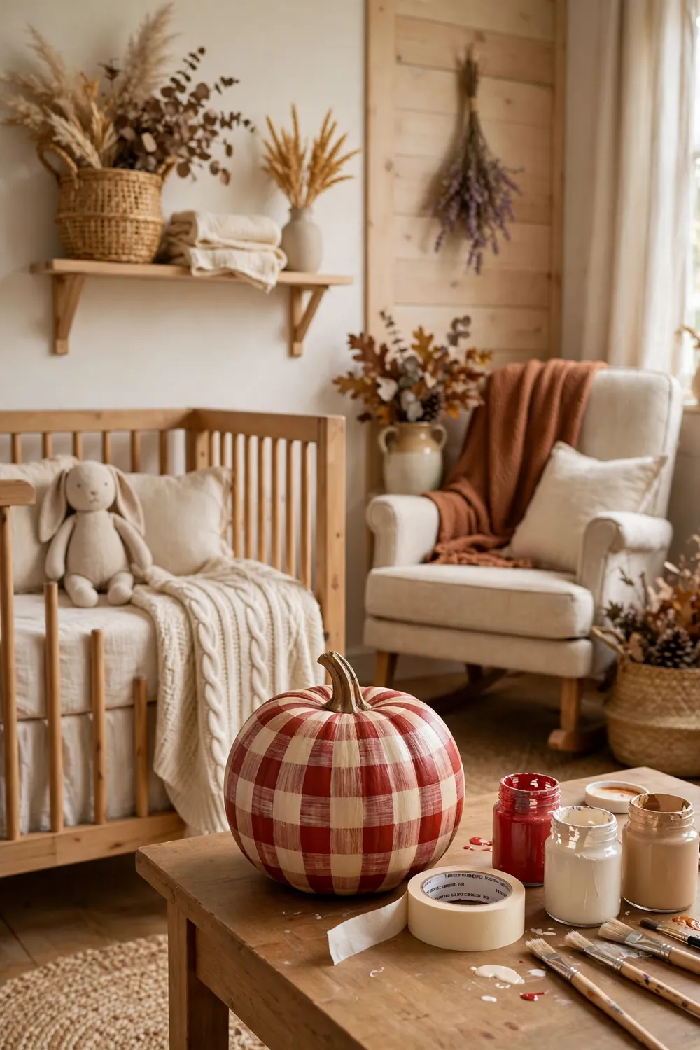 Red and cream plaid pattern painted on a pumpkin in a nursery