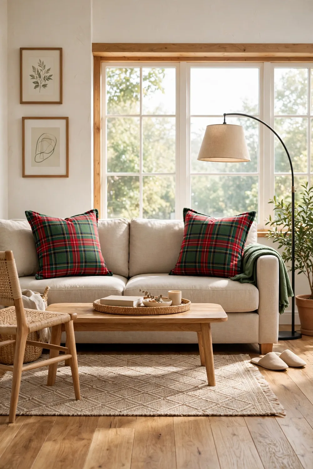 Plaid flannel pillow covers in red and green on a neutral linen sofa in a contemporary living room