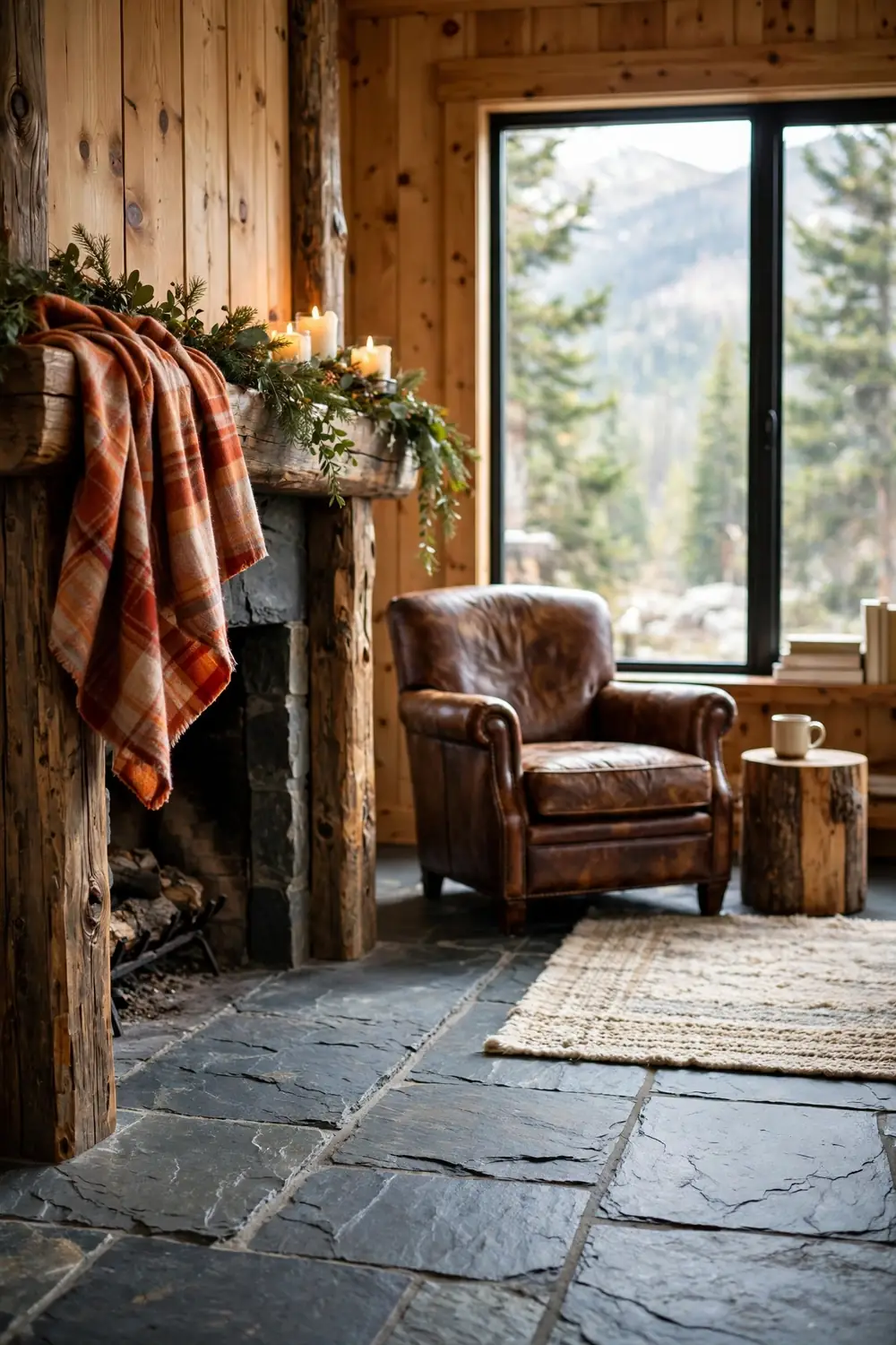 A soft plaid throw in orange, rust, and brown tones draped across one end of a lodge fireplace mantel under a leaf garland with candles