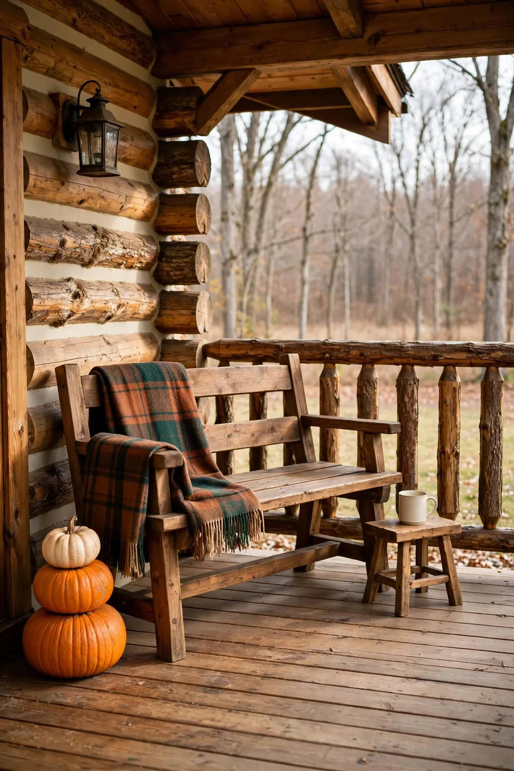 Porch bench with rust and cream plaid throw, basket of mini pumpkins, and gold mums below