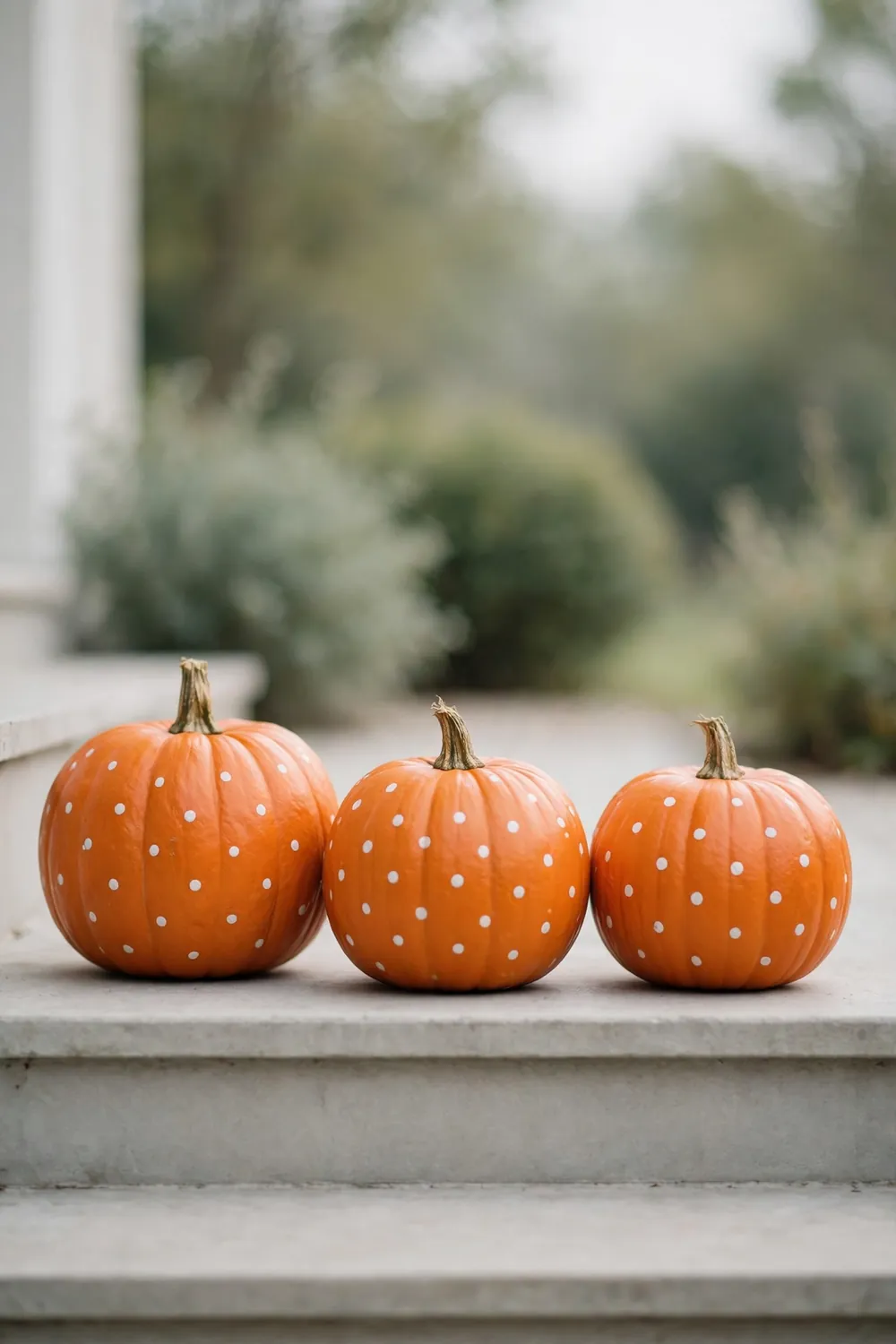 White polka dots painted on orange pumpkins sitting on front steps