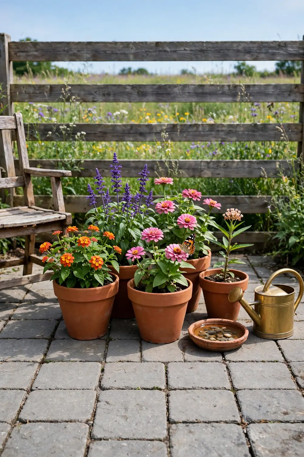 Cluster of nectar-rich pots with lantana, salvia, and zinnias drawing butterflies on a sunny backyard patio