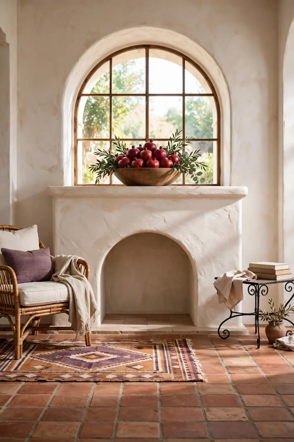 A wide wooden bowl filled with deep red pomegranates with sprigs of greenery at the center of a Mediterranean stucco fireplace mantel