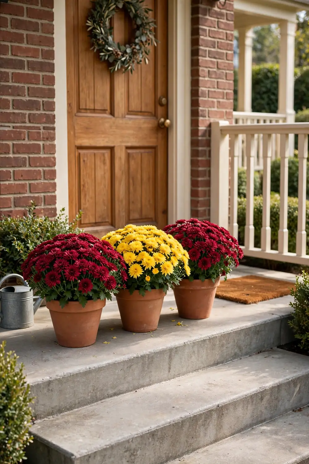 Terracotta pots of red and gold fall mums on front porch steps
