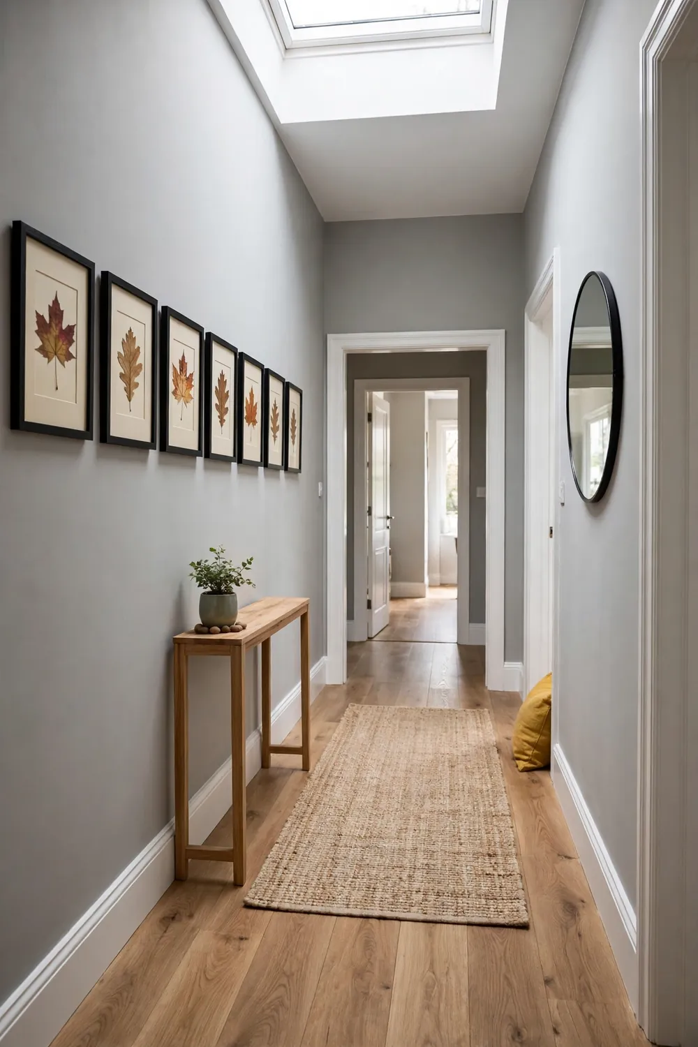 Row of matching frames with pressed autumn leaves hanging in a gray hallway