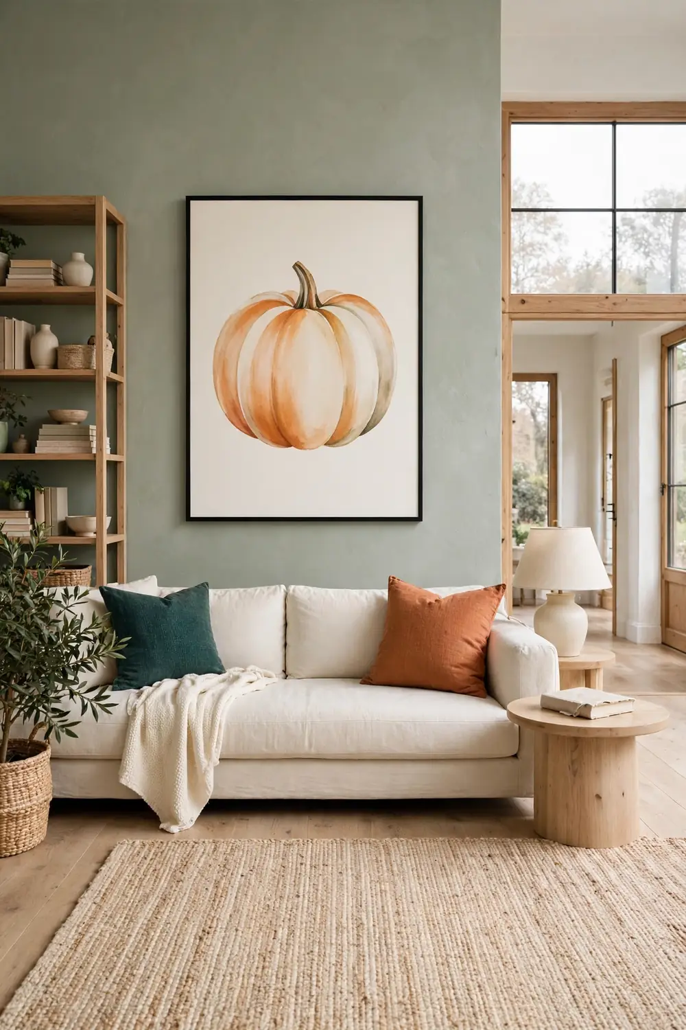 Large framed pumpkin artwork hanging on a sage living room wall above a cream sofa