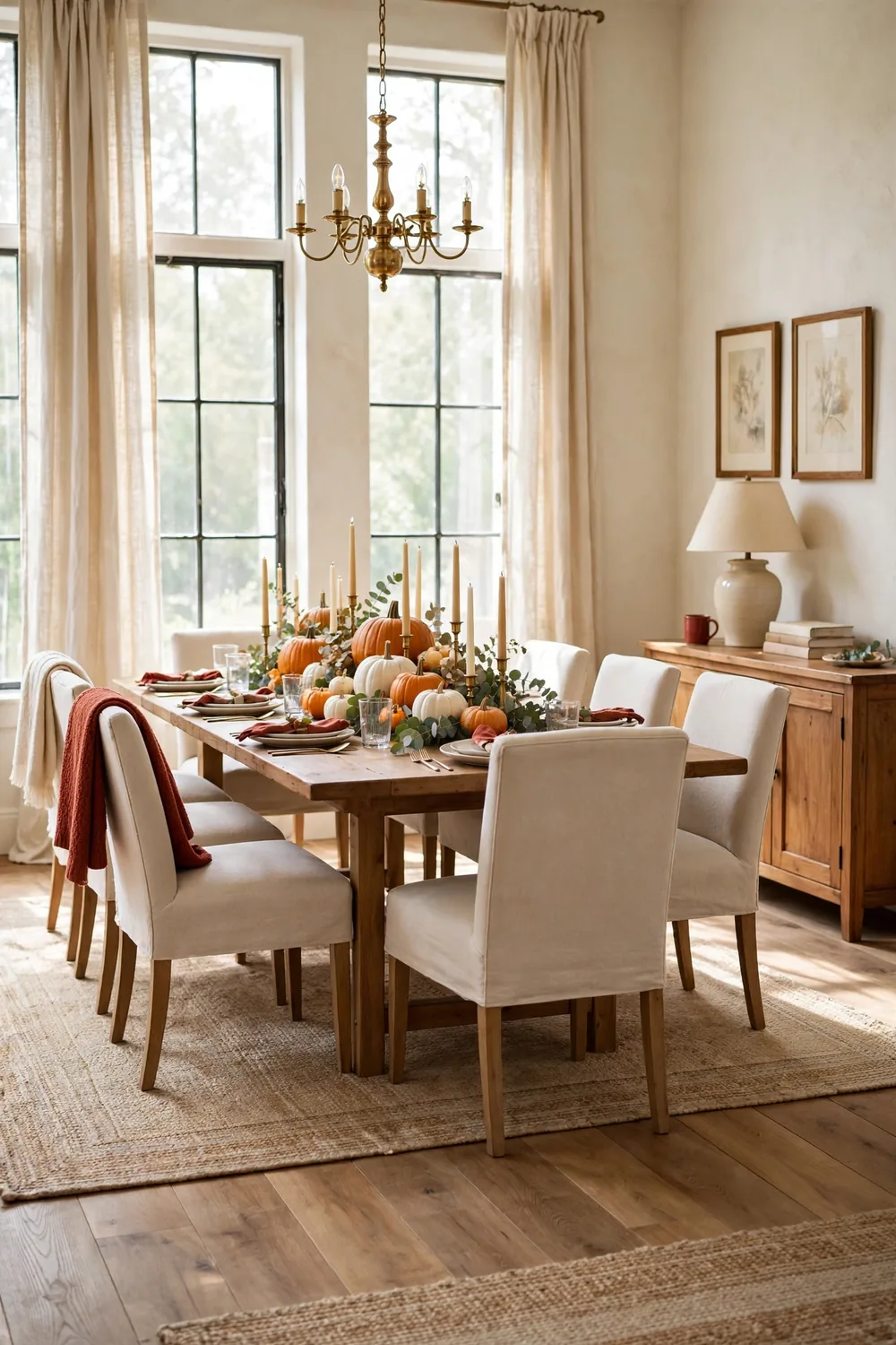Wide view of a long dining table styled with a grand pumpkin centerpiece of orange and white pumpkins, candles, and fall greenery