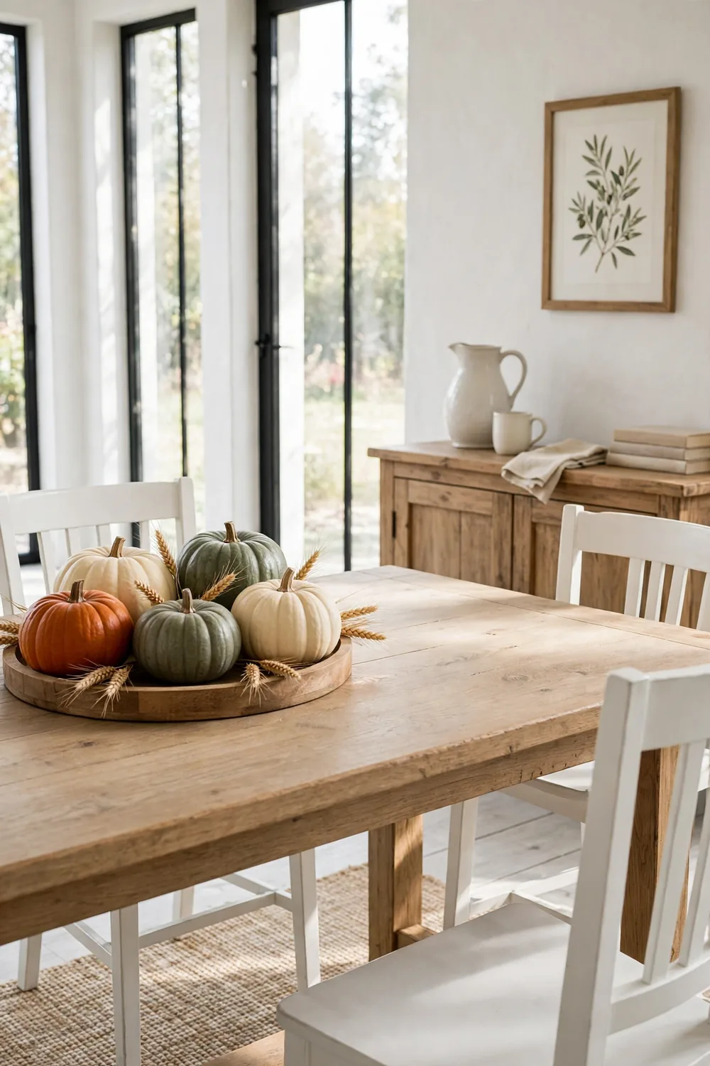 Round wooden tray holding small pumpkins in deep orange, pale cream, and dusky green with dried wheat sprigs on a farmhouse dining table