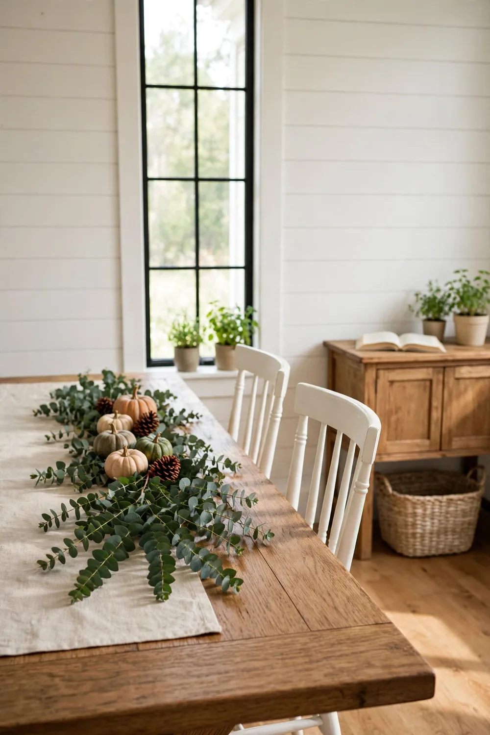 A dining table with a fresh eucalyptus runner, small pumpkins, gourds, and pinecones down the center