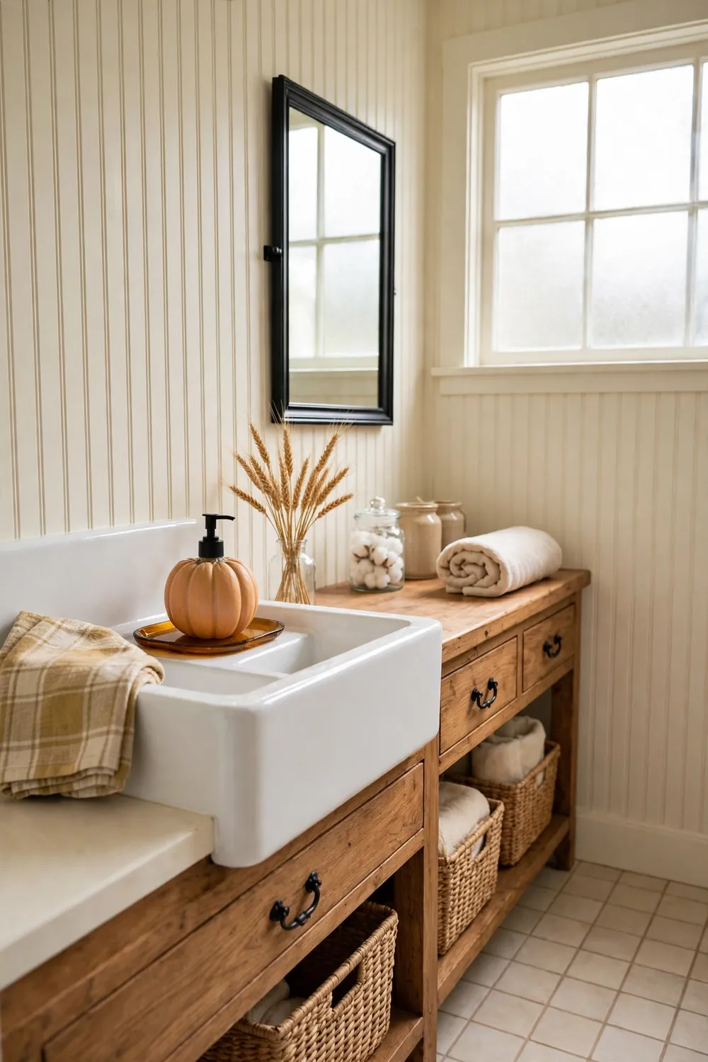 Farmhouse bathroom sink with a ceramic pumpkin soap dispenser on an amber tray and a plaid hand towel