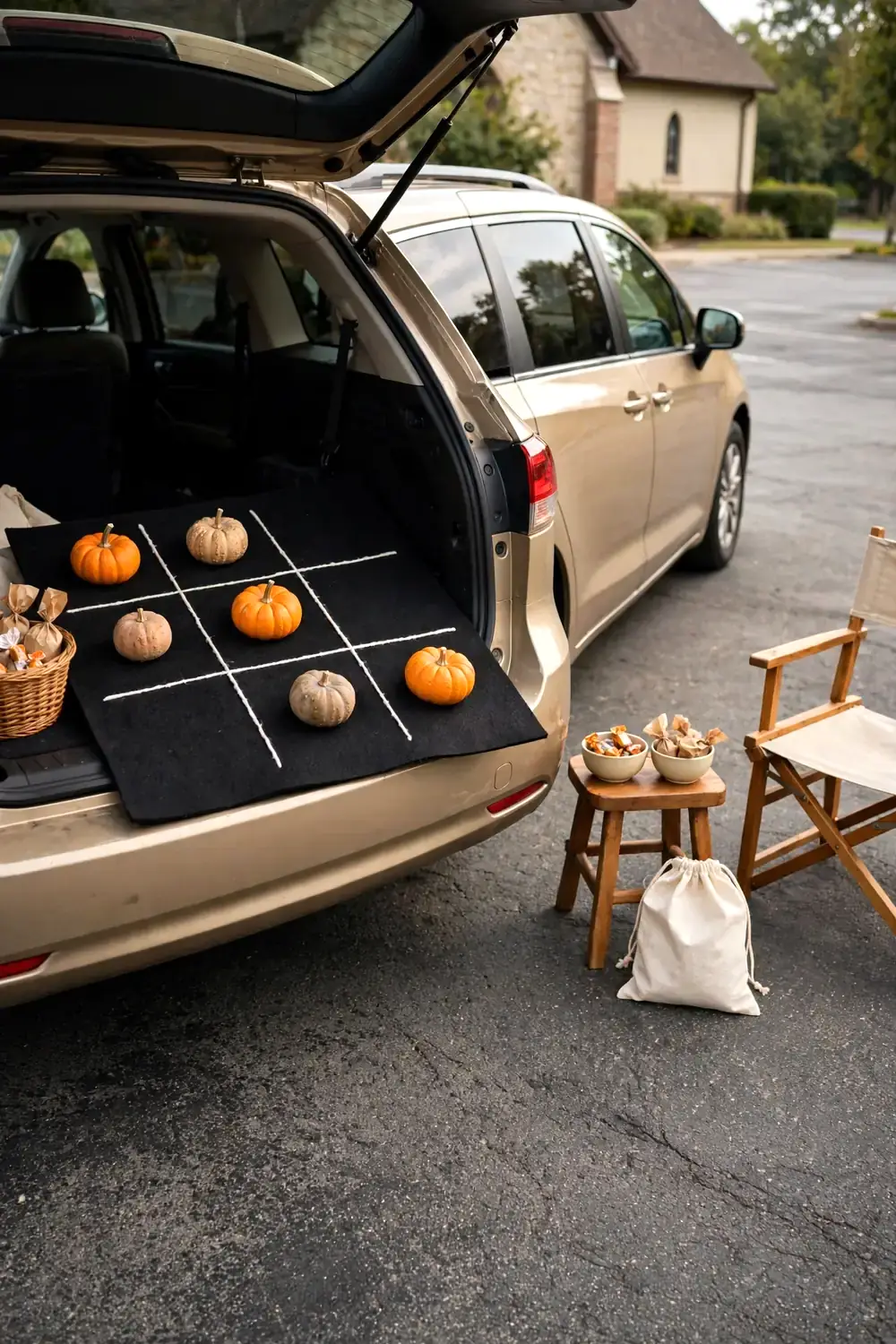 A tan minivan trunk with a large black felt tic-tac-toe grid and mini pumpkins as game pieces