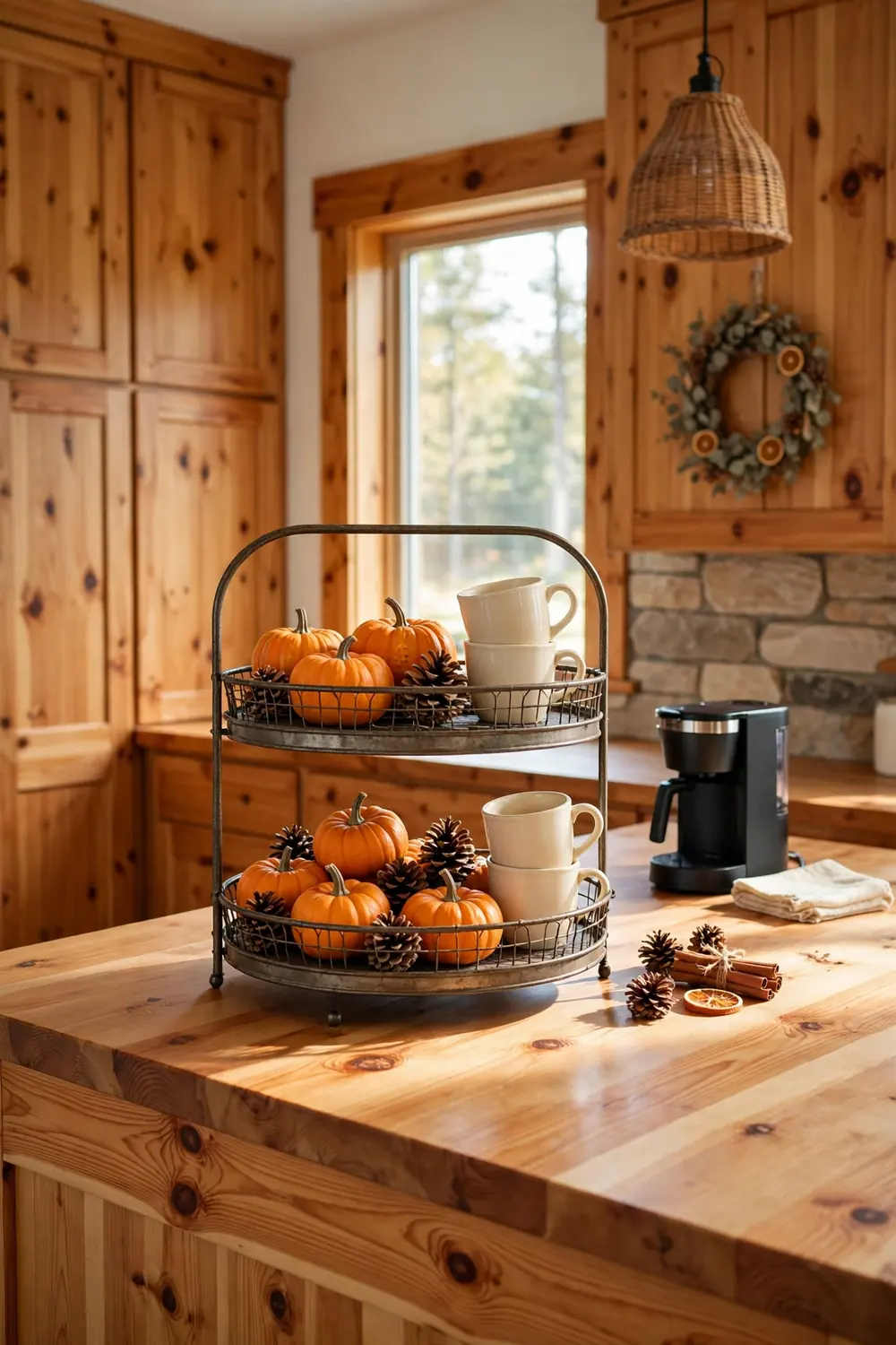 Pumpkin tiered tray coffee display in a warm wood cabin kitchen with mini pumpkins, stacked mugs, pinecones, and orange accents beside a small coffee maker.